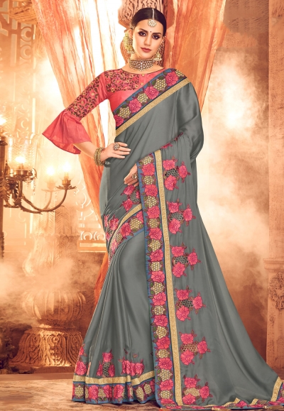 Gray satin party wear saree with frill sleeve  1905